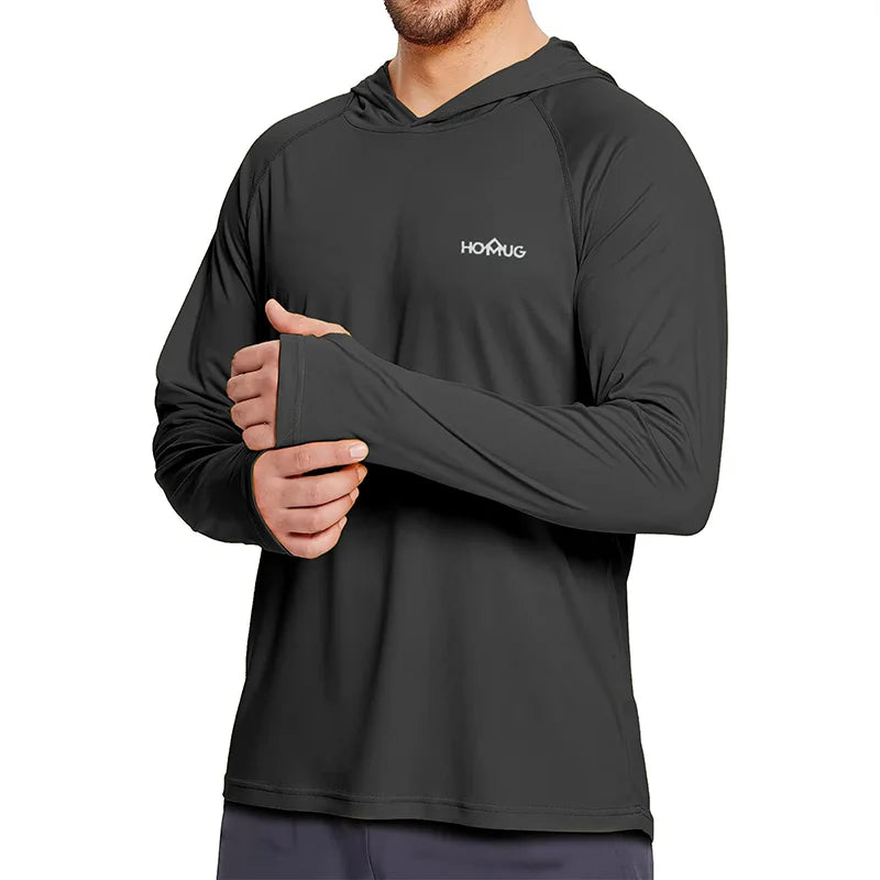Black: Men's UPF50+ sun protection hoodie in black, long sleeve running and fishing shirt
