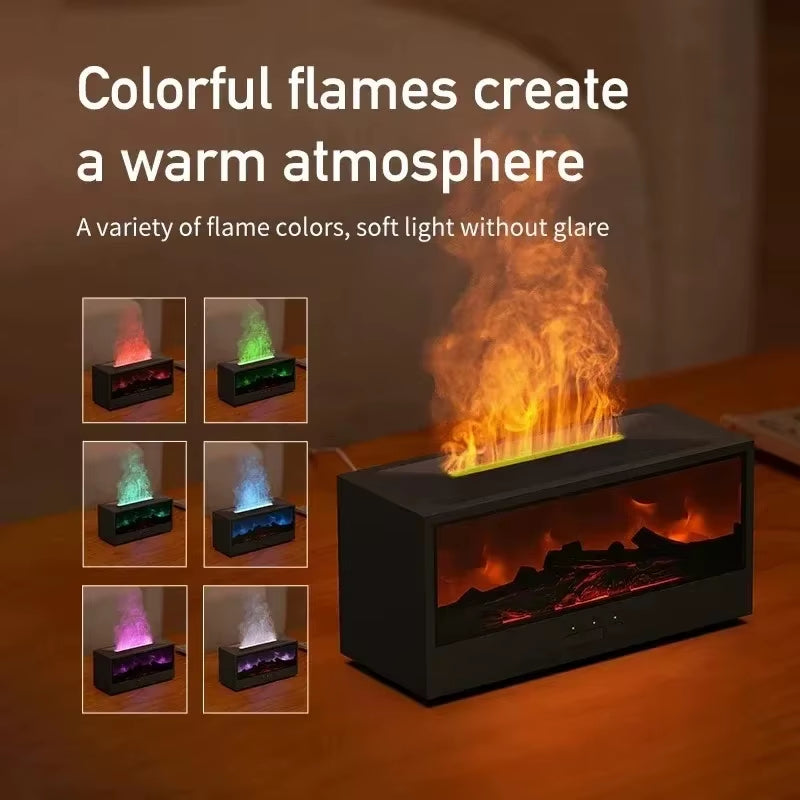 Aromatherapy humidifier mist output close-up with warm flame simulation