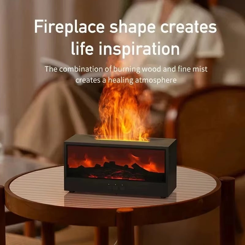 Black flame aromatherapy diffuser on bedside table in bedroom setting