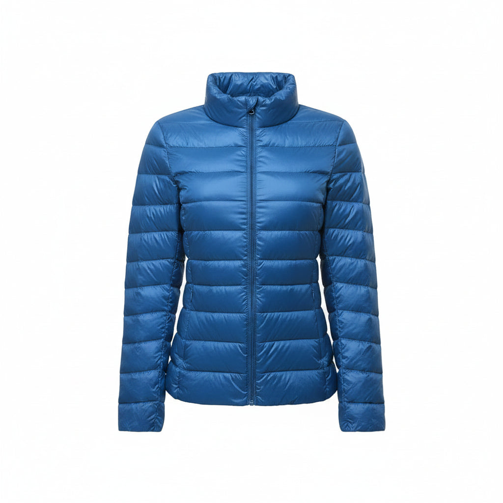 Women's lightweight packable puffer jacket in Lake Blue — Korean slim fit, sizes M–XXL