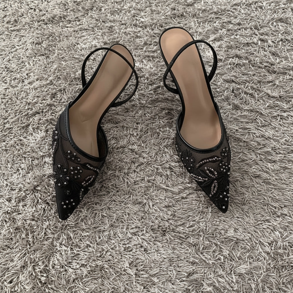 String Bead Mesh Embroidered Slingback Heels | Pointed Toe Sandals for Women