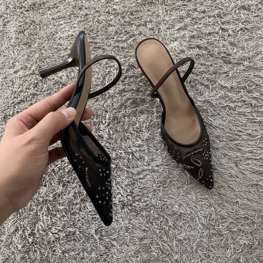 String Bead Mesh Embroidered Slingback Heels | Pointed Toe Sandals for Women