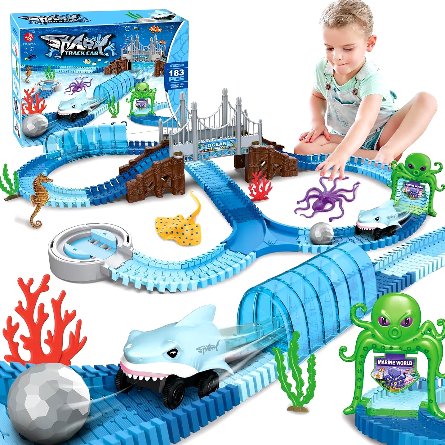 Shark Track Car ocean adventure playset with blue underwater track, shark car, sea creatures, bridges, and 183‑piece kids toy set shown in use by a child.