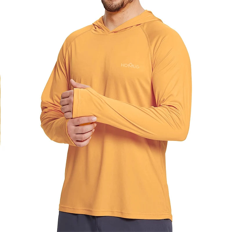 Yellow: Men's UPF50+ sun protection hoodie in yellow, breathable quick dry outdoor shirt

