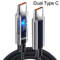 Two USB-C connectors with transparent LED display tips on a 240W nylon braided charging cable, labelled Dual Type C