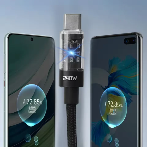 240W USB-C cable connected to an iPhone 15 and a laptop, showing simultaneous fast charging