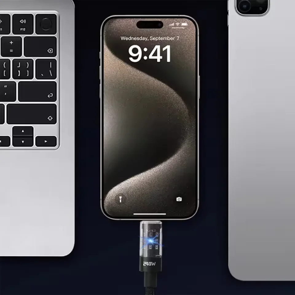 Close-up side view of a slim 240W USB-C to USB-C nylon braided cable