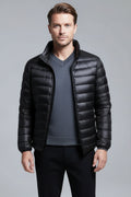 Men's ultra-lightweight packable down jacket in black stand collar — front view
