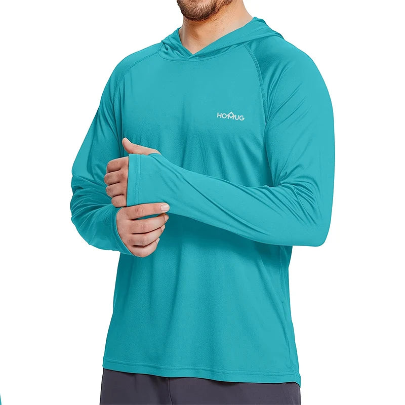 Lake Blue: Men's UPF50+ sun protection hoodie in lake blue, quick dry outdoor activewear
