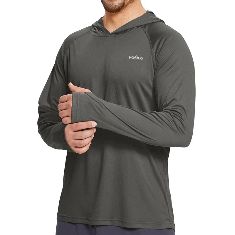 Gray: Men's UPF50+ performance hoodie in gray, sun protection long sleeve running shirt

