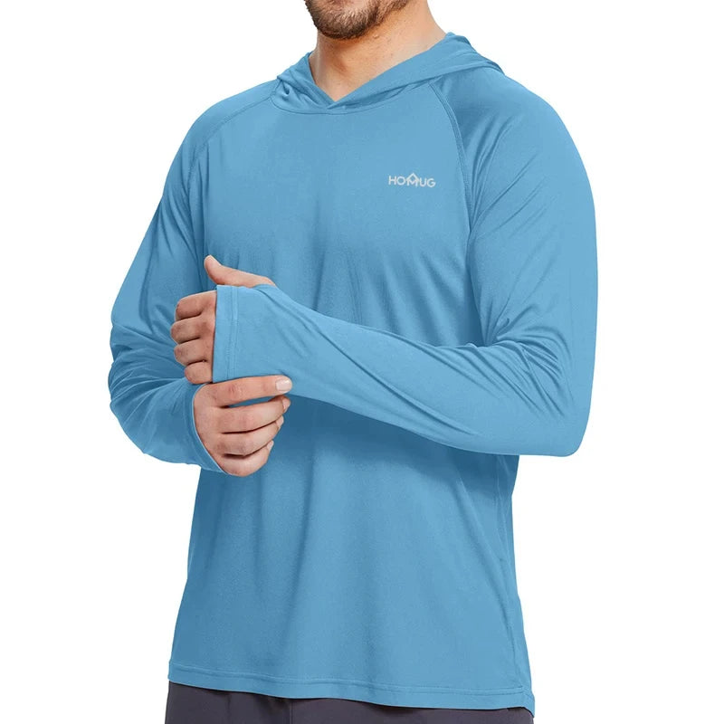 Blue: Men's UPF50+ long sleeve hoodie in blue, quick dry UV protection fishing shirt
