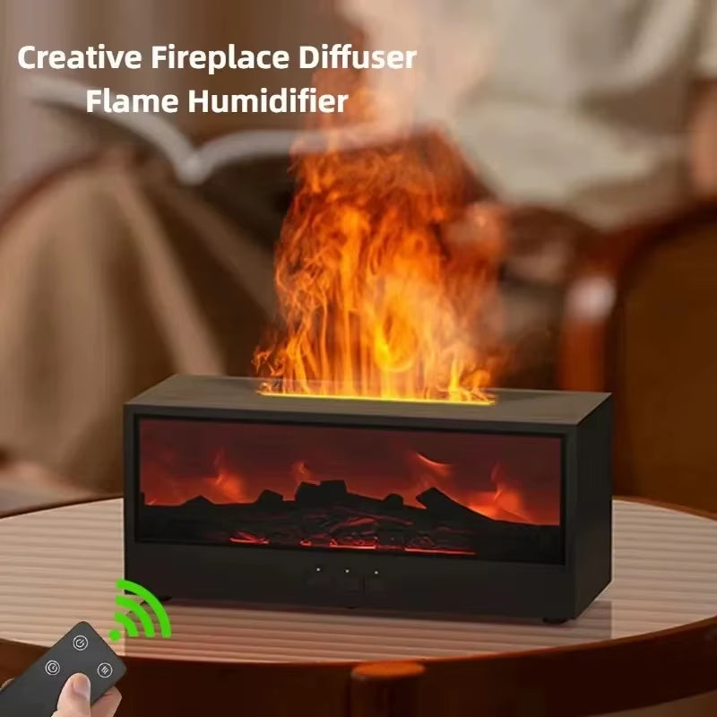 3D flame essential oil diffuser showing colour-changing LED atmosphere lighting