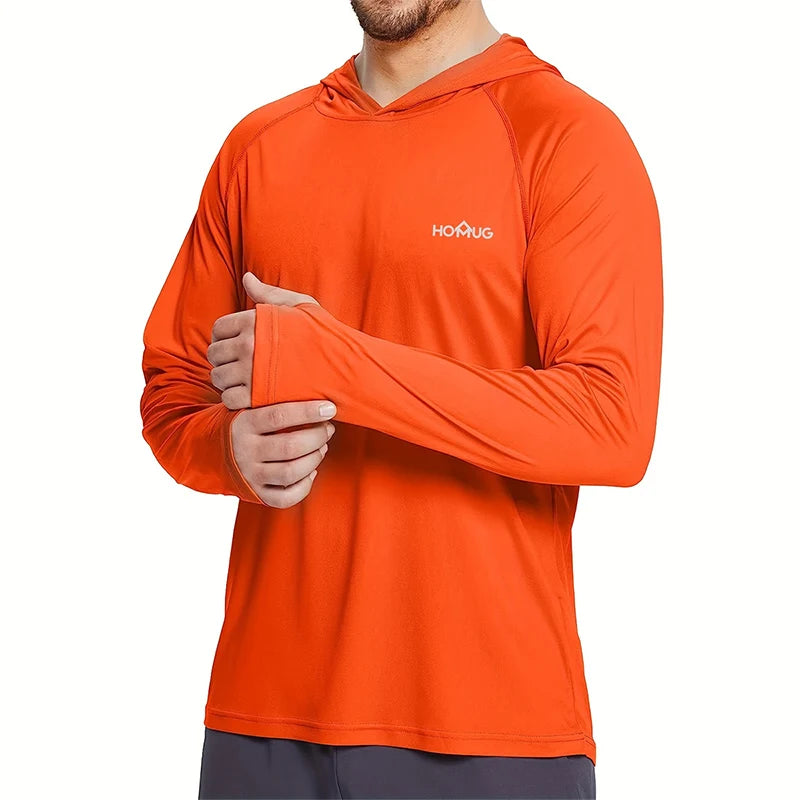 Orange: Men's UPF50+ hoodie in orange, long sleeve UV protection fishing and hiking shirt
