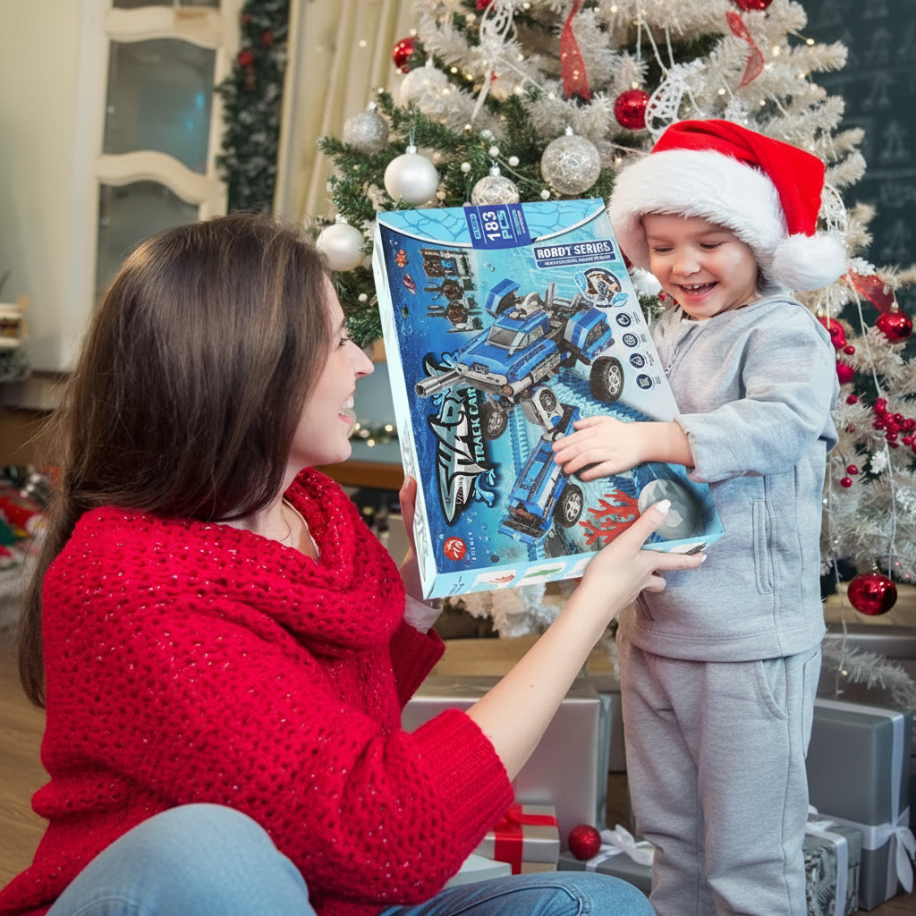 Parent giving a child a “Robot Series 183‑piece toy set” as a Christmas gift in front of a decorated tree.