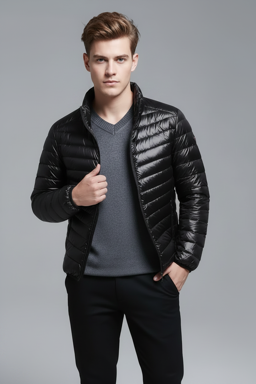 Men's water-resistant packable down jacket — lifestyle wear, black stand collar
