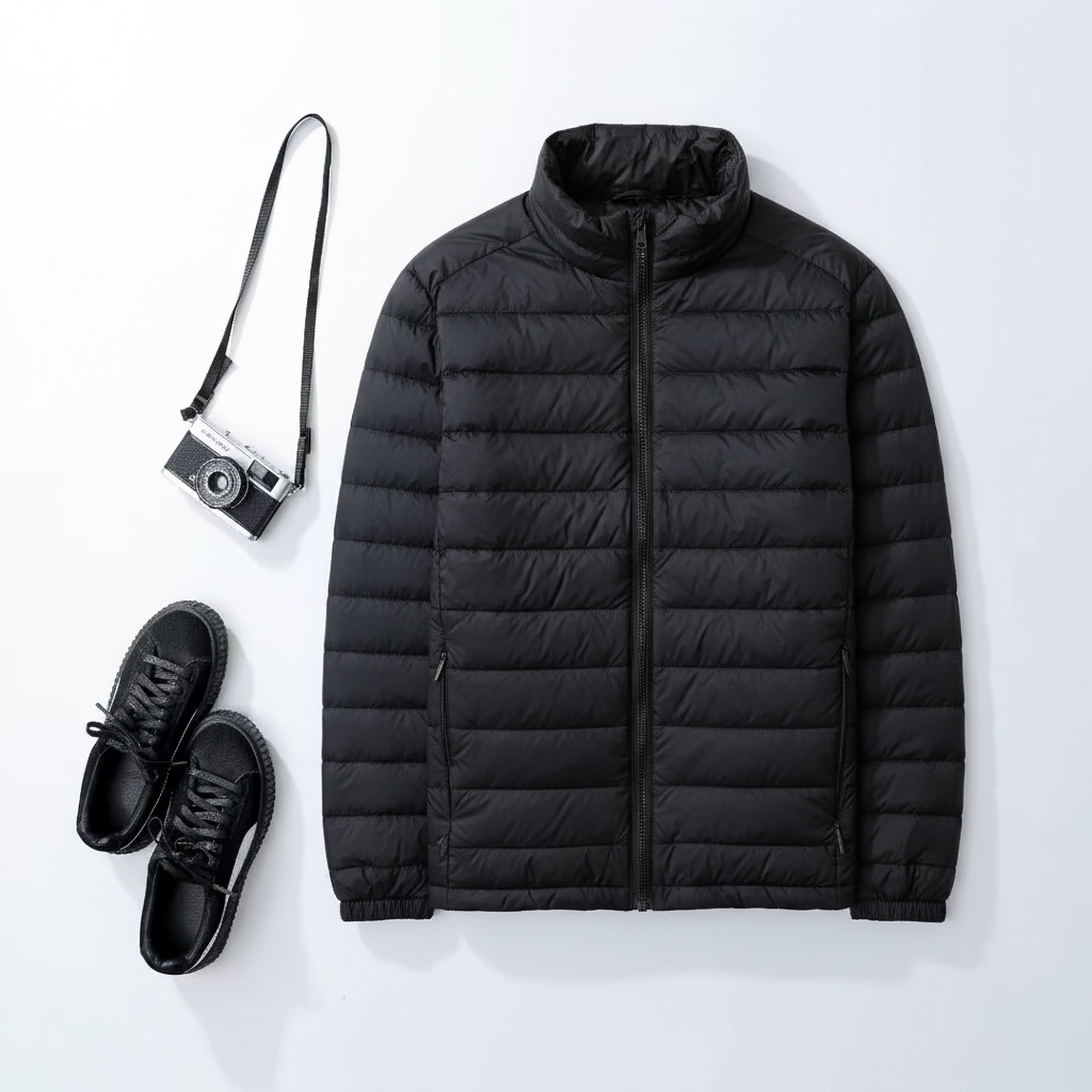 Men's ultra-lightweight packable down jacket in black stand collar — front view
