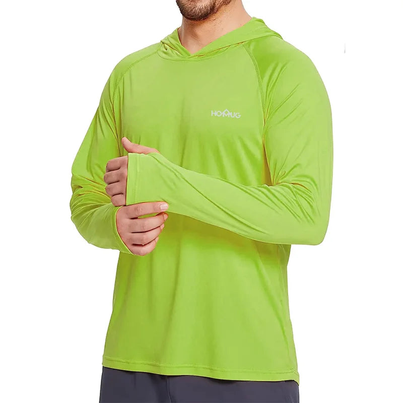Chartreuse: Men's UPF50+ sun protection hoodie in chartreuse, lightweight outdoor activewear
