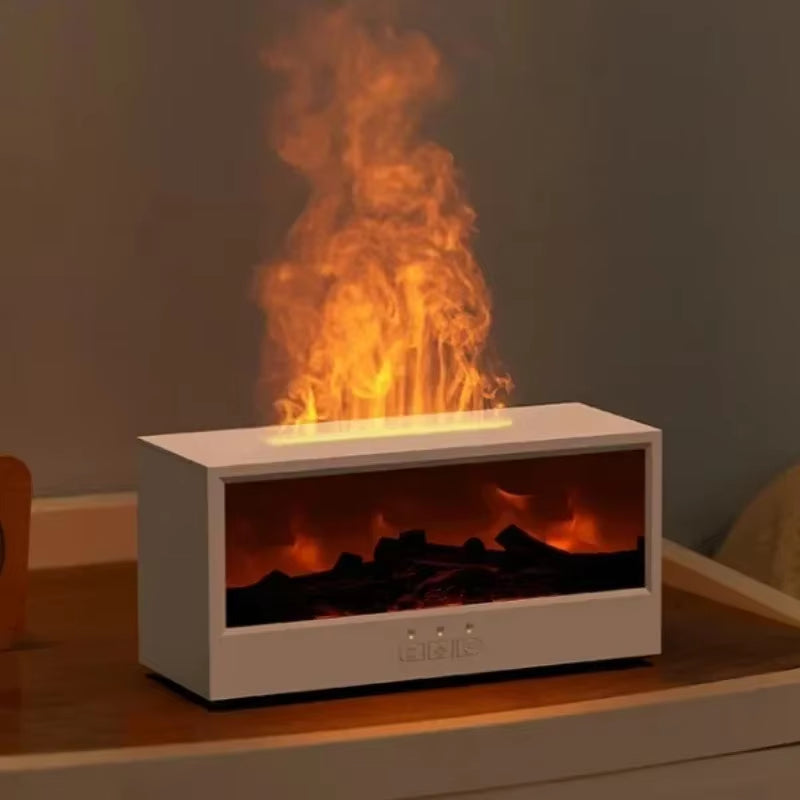 White 3D flame aromatherapy humidifier with glowing LED light on white background