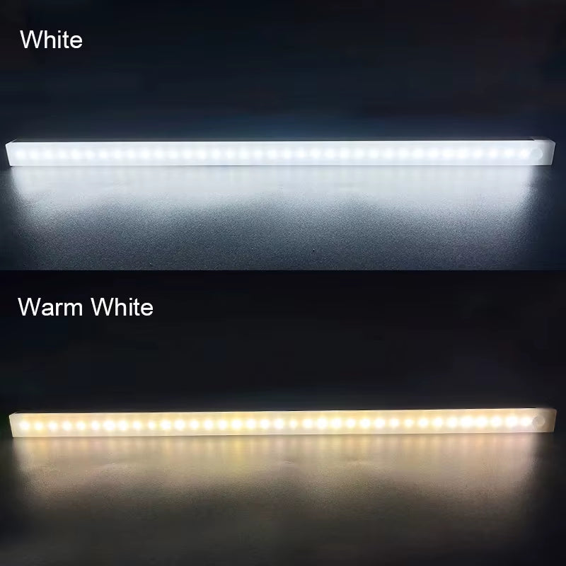 4. Side-by-side comparison of cool white and warm white LED cabinet light modes mounted under a shelf