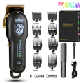 Hair cutting kit with Magicful branding, including a hair clipper and multiple guide combs on a white background.