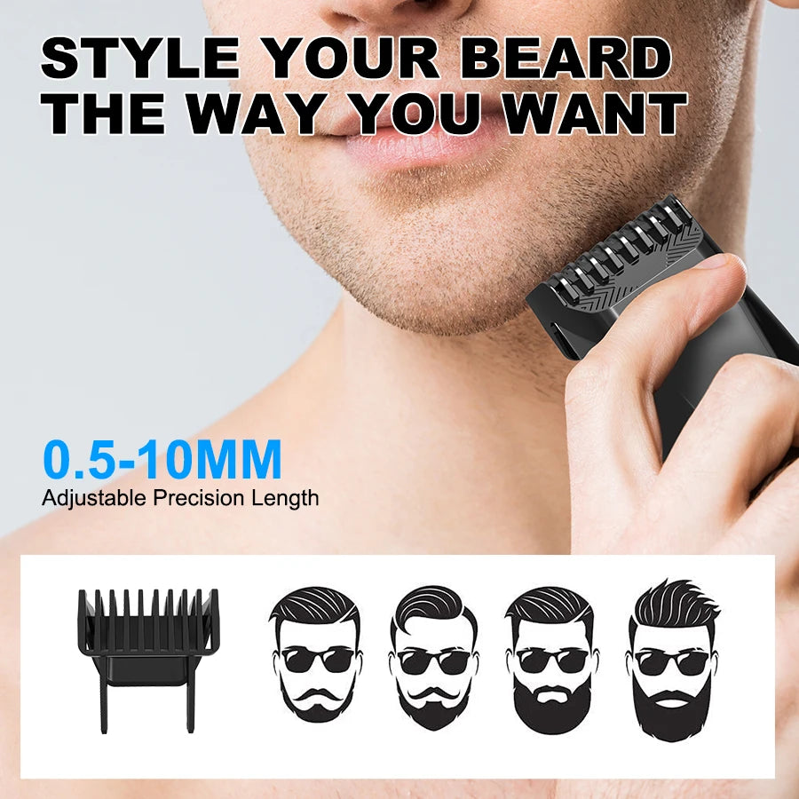 Close-up of beard trimmer zoom wheel showing 20 different length settings from 0.5mm to 10mm with detachable comb attachment

