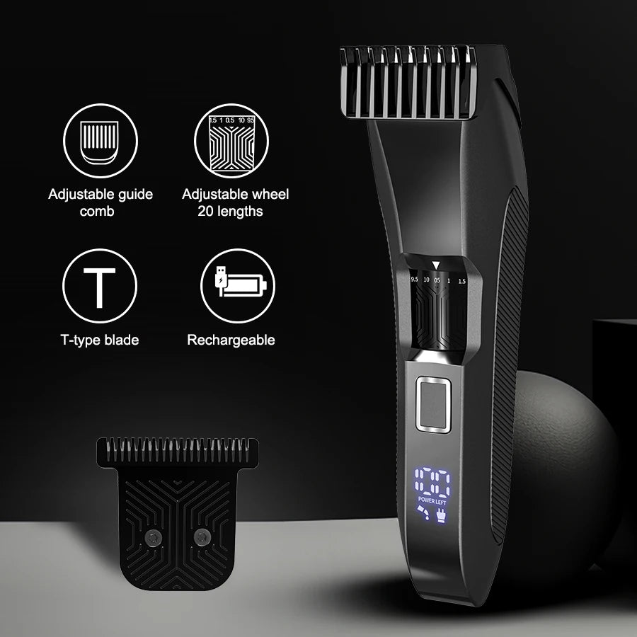 Men's beard trimmer infographic highlighting advanced ceramic blades, R-shaped safety design, adjustable comb from 0.5mm to 10mm, LED battery and charging indicators
