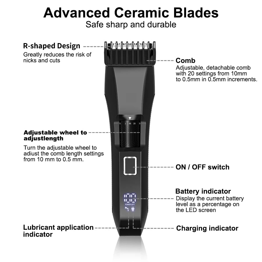 Man trimming beard stubble with cordless clipper showing 0.5mm to 10mm adjustable precision length settings and four beard style options
