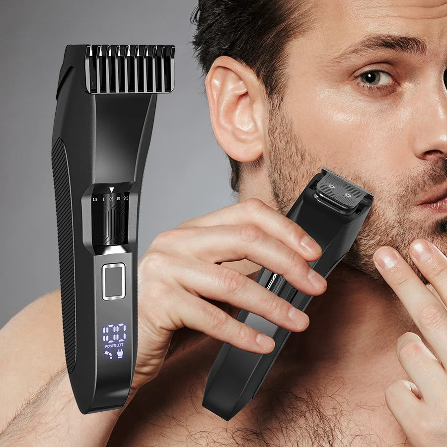 Black cordless beard trimmer with detachable T-blade, adjustable guide comb, 20-length wheel, and rechargeable battery indicator
