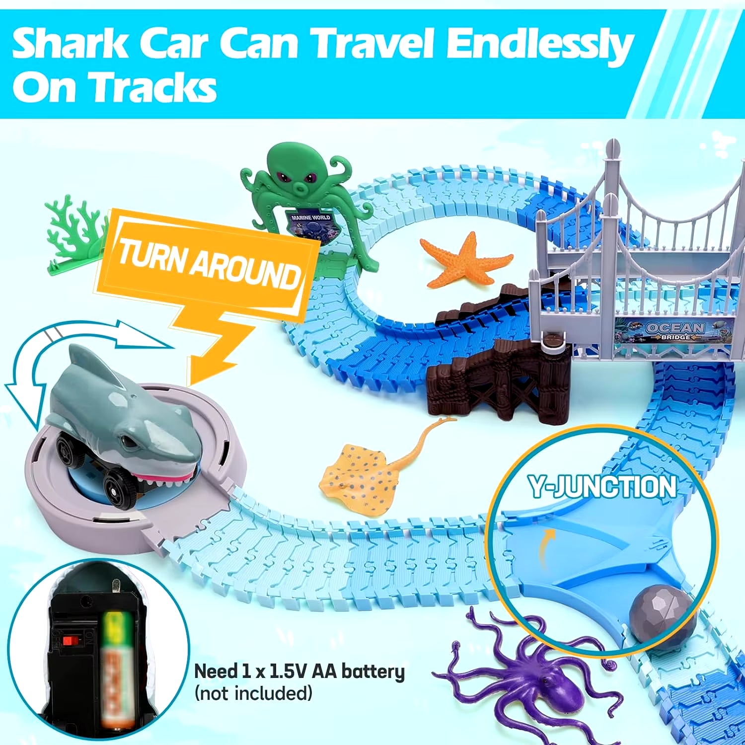Shark car ocean track set showing automatic turn‑around feature, Y‑junction track split, sea creature figures, and battery‑powered shark car.