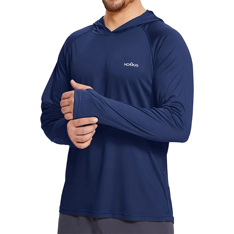 Tibetan Blue: Men's UPF50+ long sleeve hoodie in Tibetan blue, UV protection running shirt
