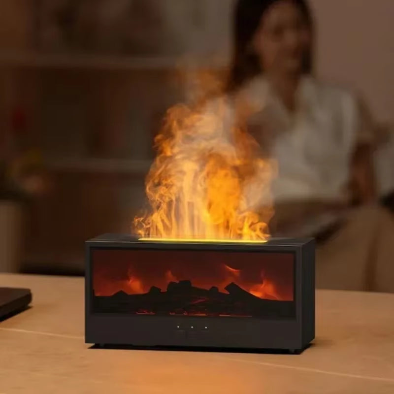 Black 3D flame aromatherapy humidifier with glowing flame effect on dark background