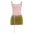 Contrast Patchwork 2 Piece Set Woman Summer Trend Low-Neck Backless Camisole Tops+Bandage Tassel Mini Skirt Y2K Style Suit