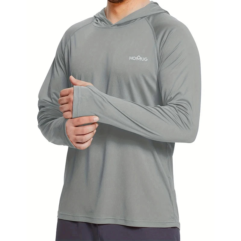 Light Gray: Men's UPF50+ quick dry hoodie in light gray, UV protection long sleeve shirt
