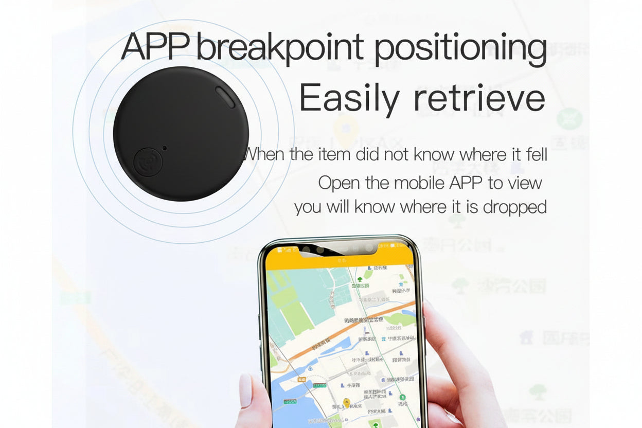 Bluetooth tracker paired with smartphone showing app interface

