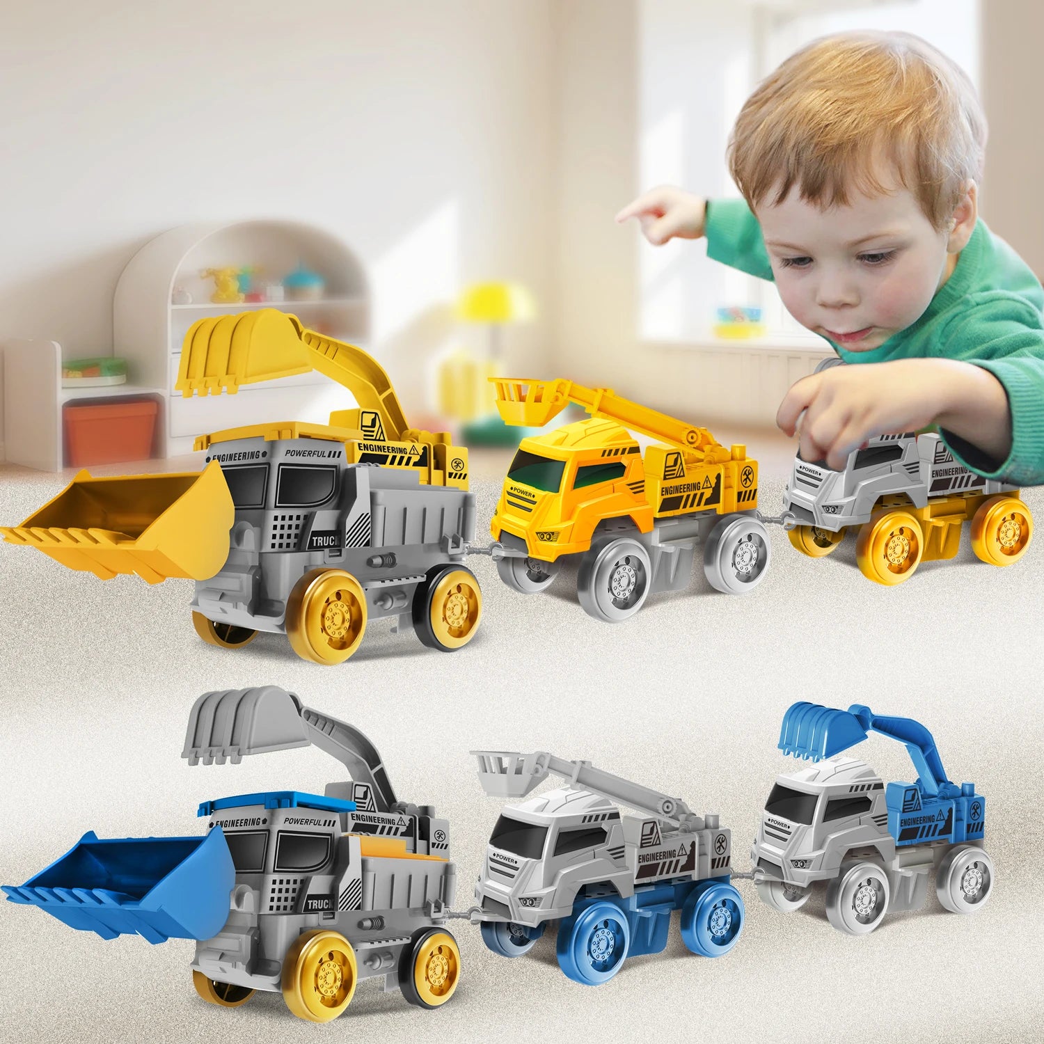 Children playing with electric climbing car track set — 201 & 321 piece options