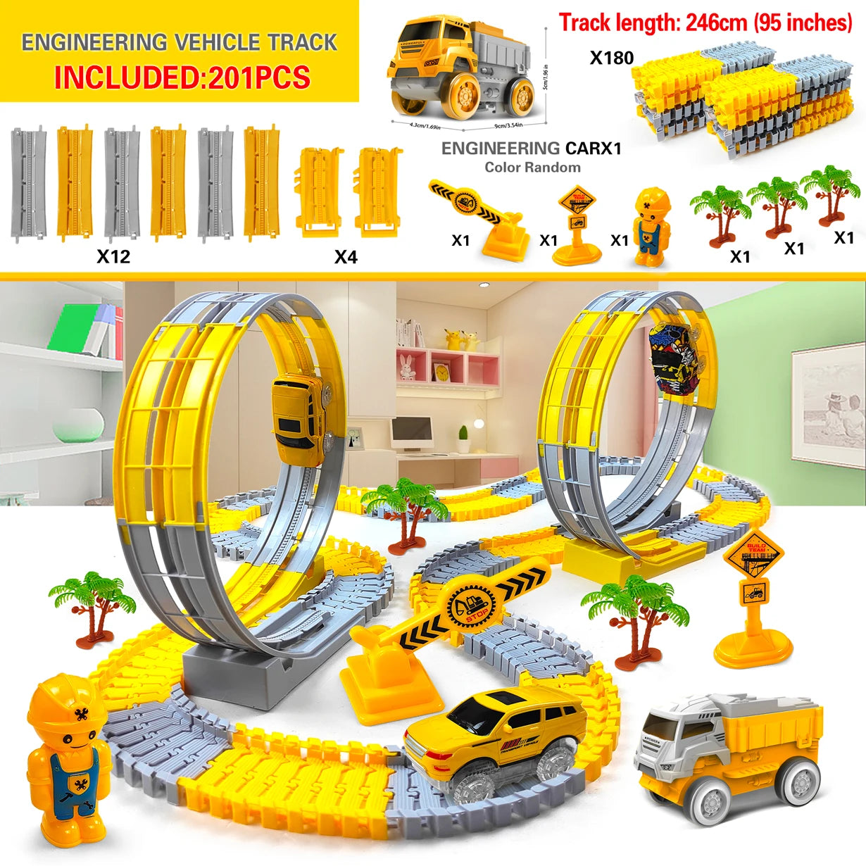 201-piece kids' magic climbing car track set — electric flash light race toy