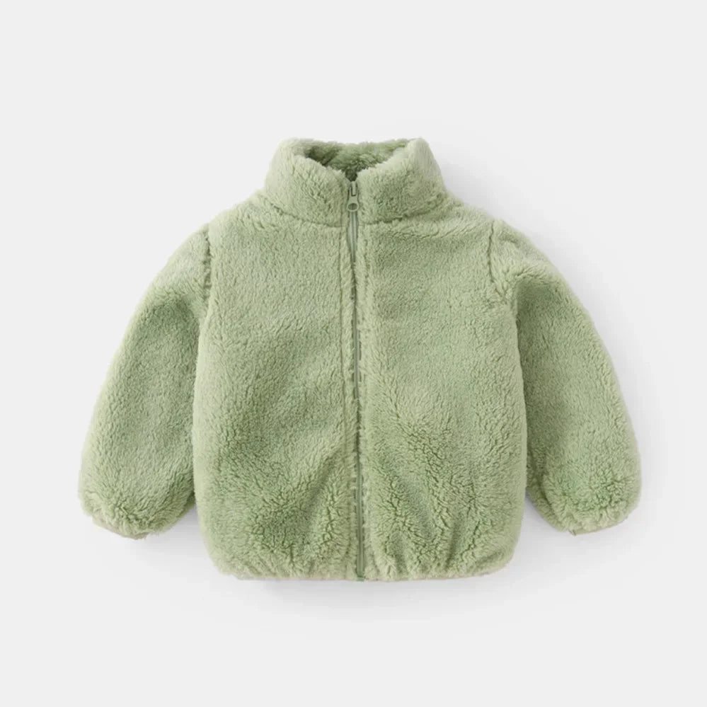 Kids Unisex Thermal Fleece Jacket in Green – Korean Style Winter Coat for Children Ages 6M–5Yrs