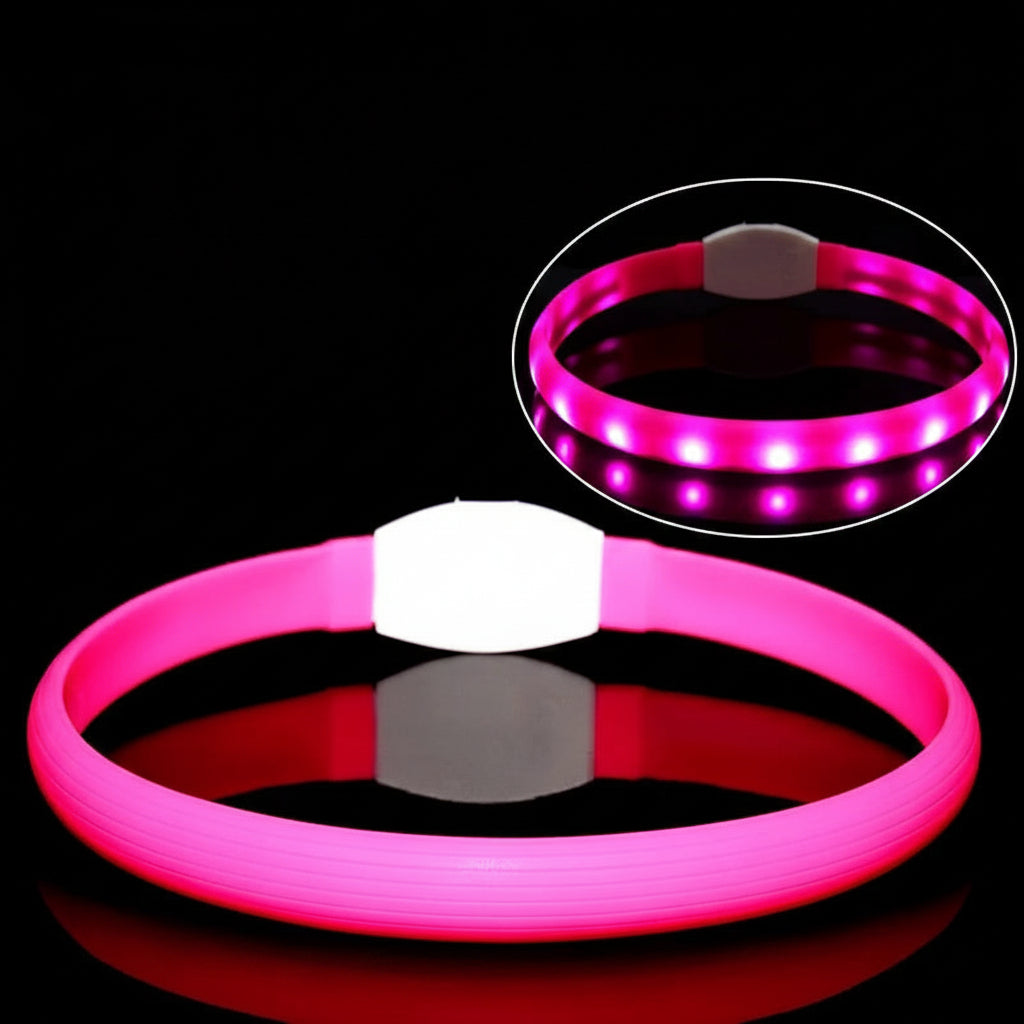 LED light up dog collar in pink, USB rechargeable waterproof night safety collar for dogs
