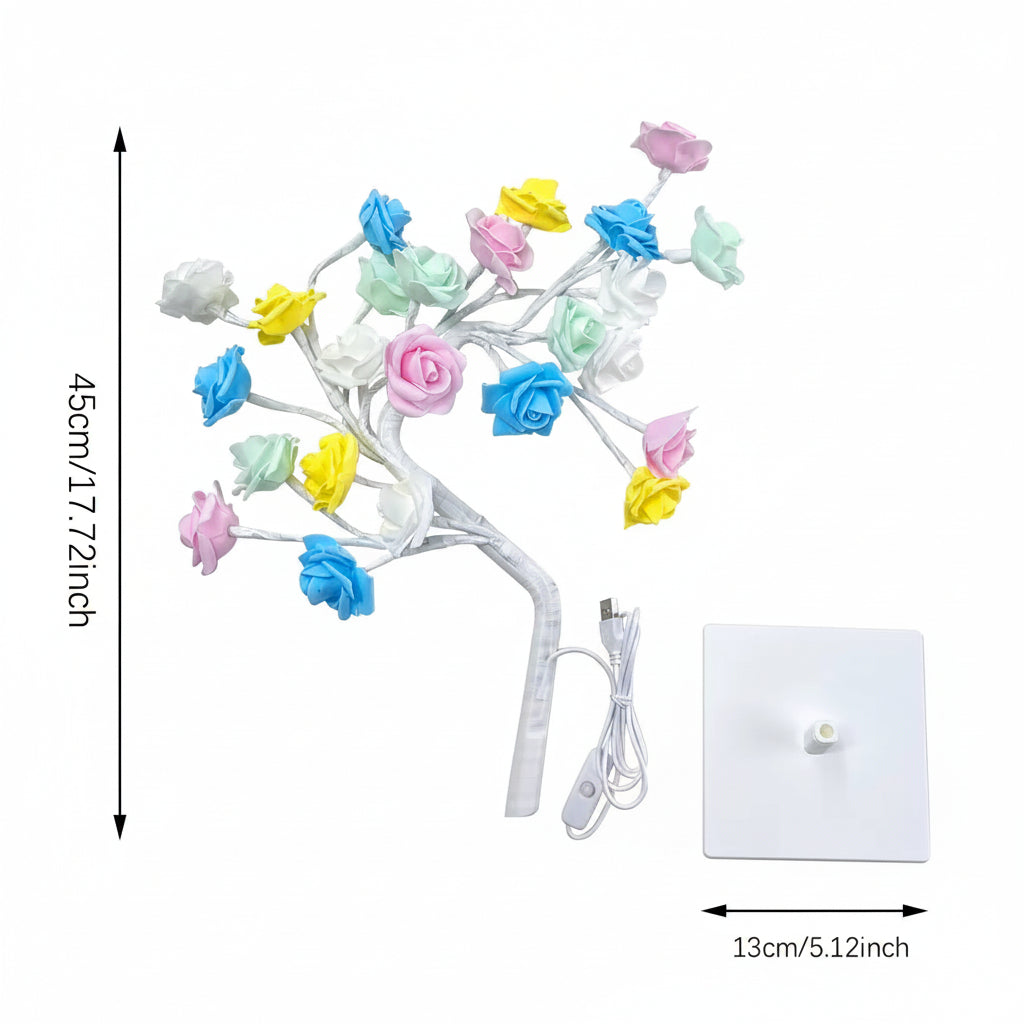 LED Rose Tree Table Lamp multicolour roses, 45cm tall with USB cable and square base, size guide showing 13cm base width
