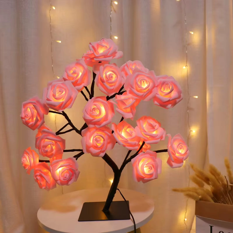 LED Rose Tree Table Lamp with pink white light, USB powered, adjustable branches, bedroom night light

