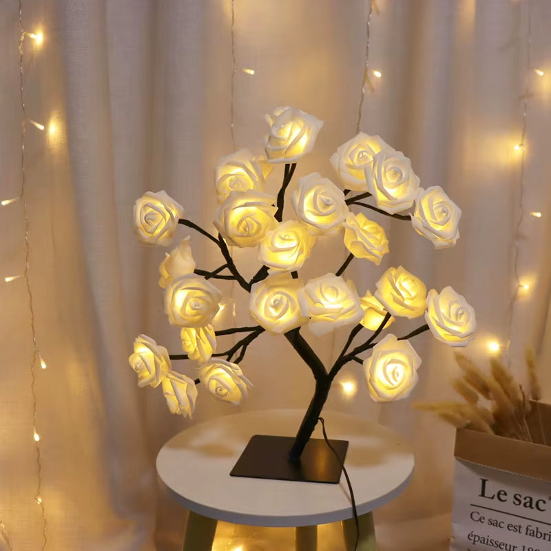 LED Rose Tree Table Lamp with white light, 36 LED romantic table lamp, USB and battery powered
