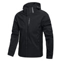 Men's lightweight waterproof rain jacket in black – front view with hooded windproof outdoor coat

