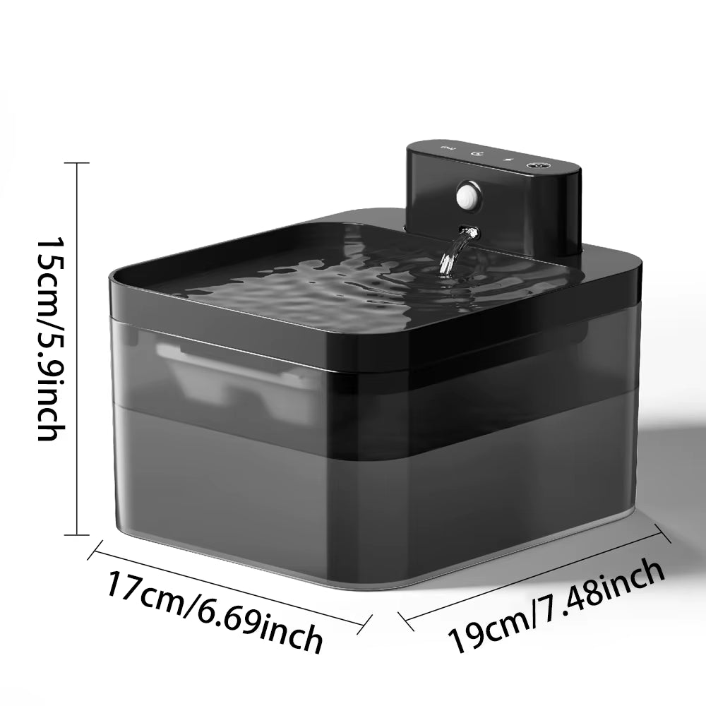 Pet water fountain size guide showing dimensions, 2.2L automatic cat and dog water dispenser
