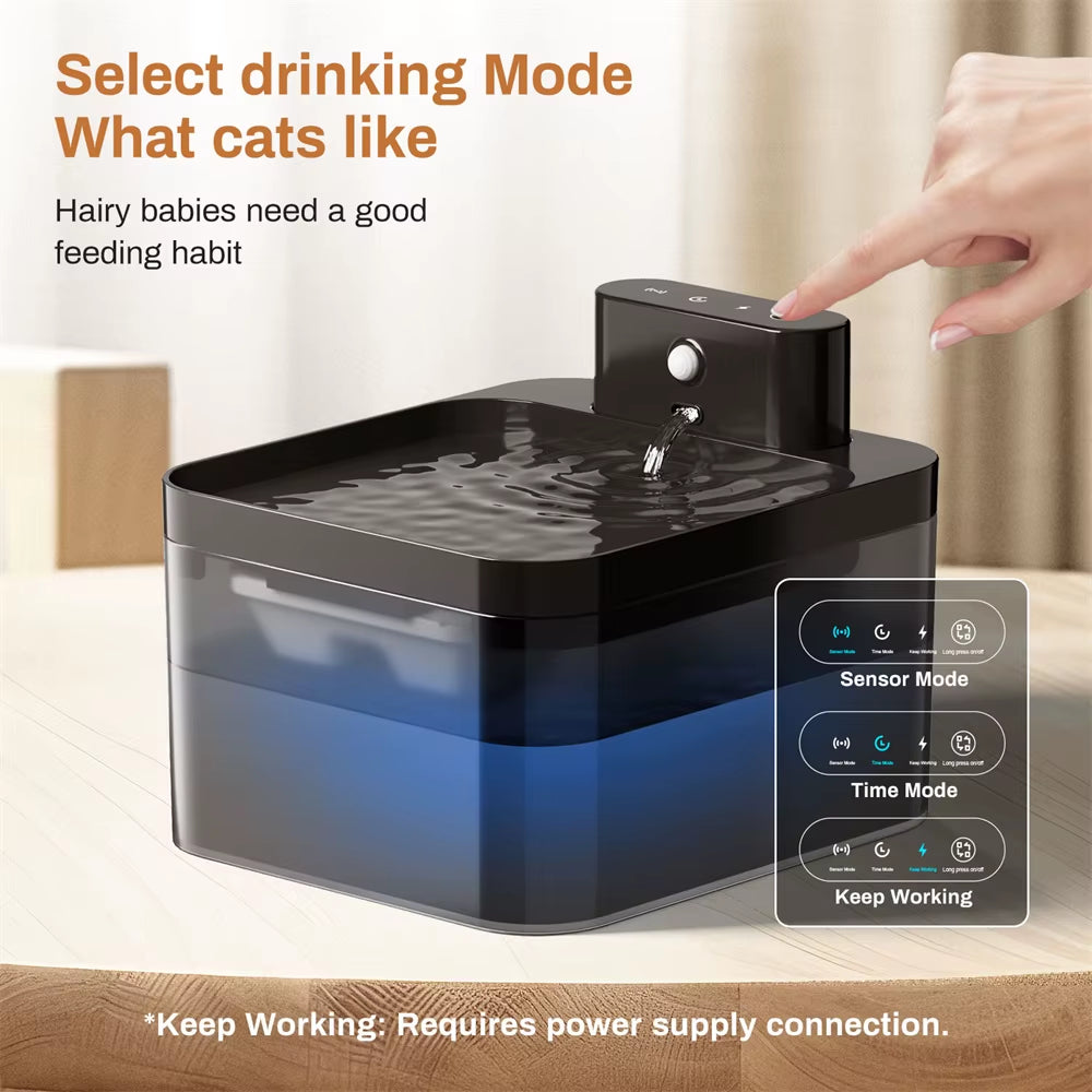 Smart dripping mode feature of 2.2L pet water fountain, motion sensor activated water flow
