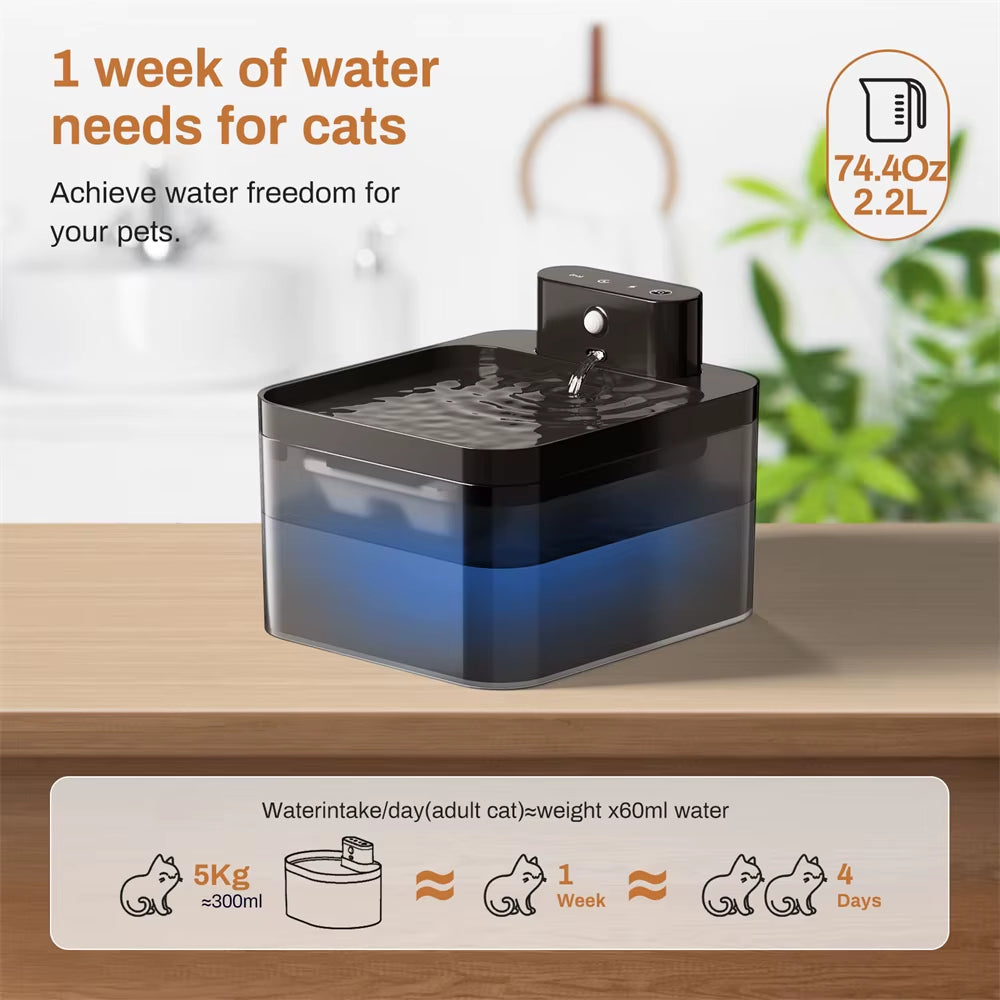 2.2L pet water fountain showing water level indicator, USB-C automatic dispenser for cats and dogs
