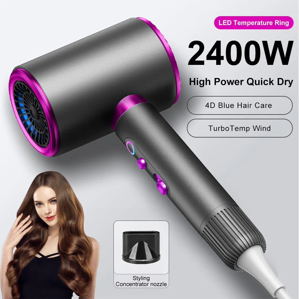Professional Powerful Hair Dryer High-Speed Negative 2400W Quick Drying Hot and Cold Air Constant with Curly Nozz