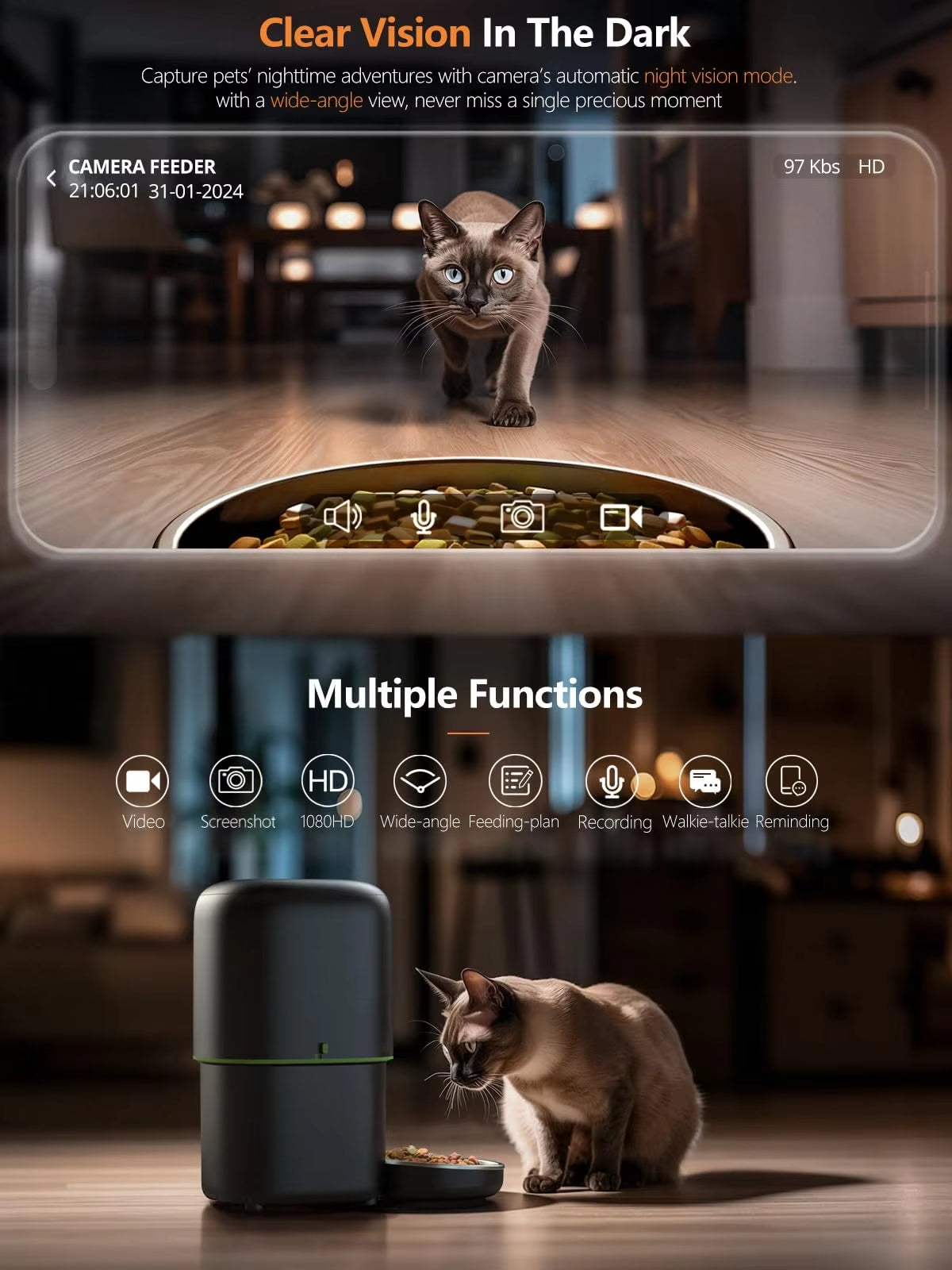 Smart pet feeder 1080P night vision camera feature, monitor your cat or dog eating in the dark
