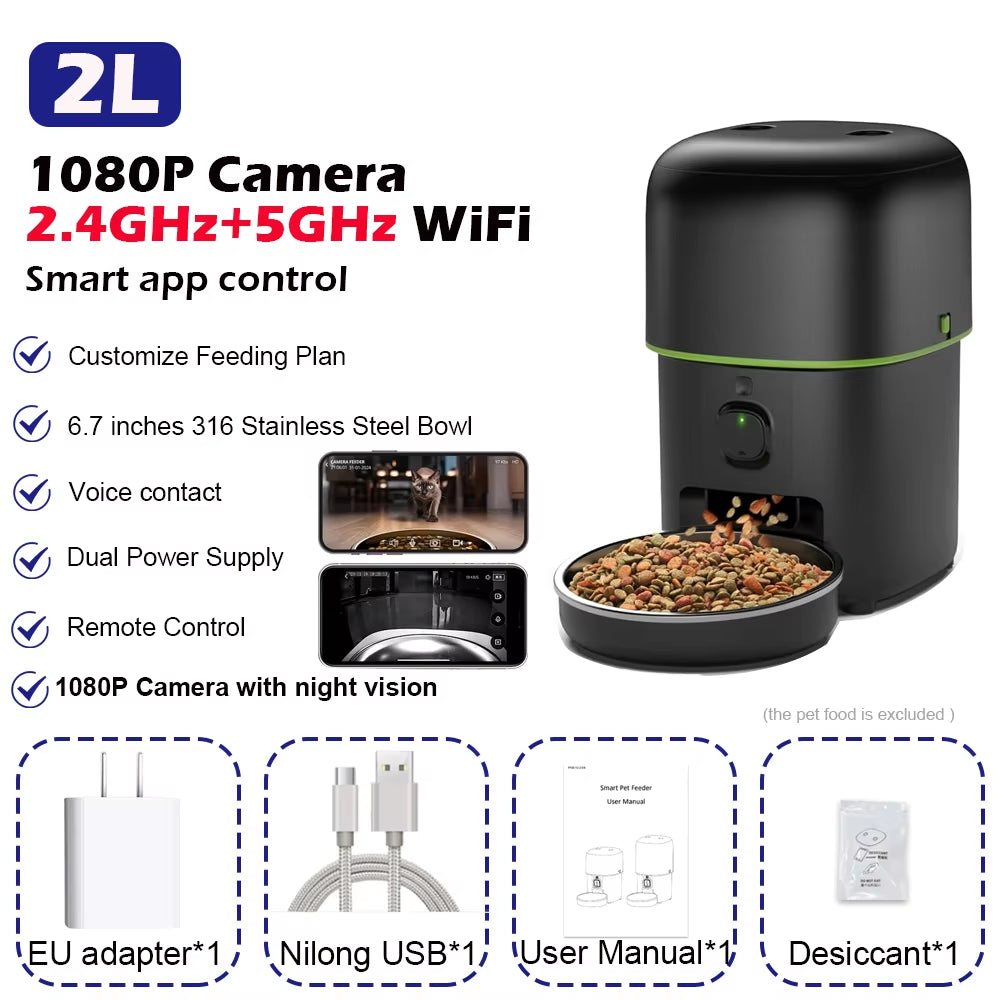 2L smart automatic pet feeder with 1080P camera, 2.4GHz and 5GHz WiFi app control, features overview