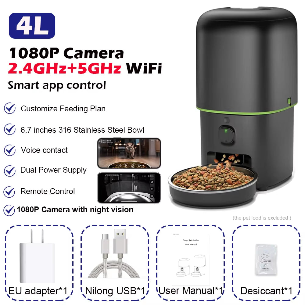 4L smart automatic pet feeder with 1080P camera, 2.4GHz and 5GHz WiFi app control, features overview