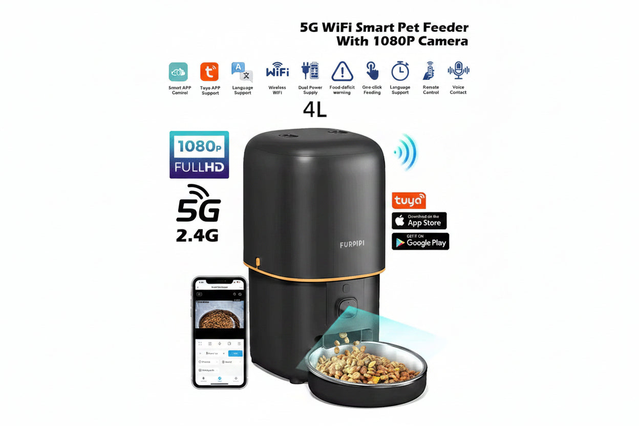 Smart automatic pet feeder side view with stainless steel bowl, WiFi app controlled cat and dog feeder
